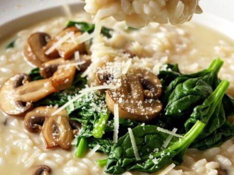 Creamy Boursin mushroom spinach risotto in a wide bowl with caramelized mushrooms and parmesan on top