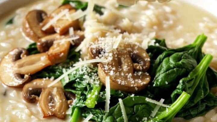 Creamy Boursin mushroom spinach risotto in a wide bowl with caramelized mushrooms and parmesan on top
