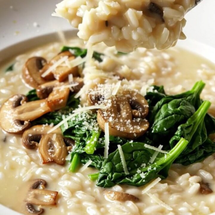 Creamy Boursin mushroom spinach risotto in a wide bowl with caramelized mushrooms and parmesan on top