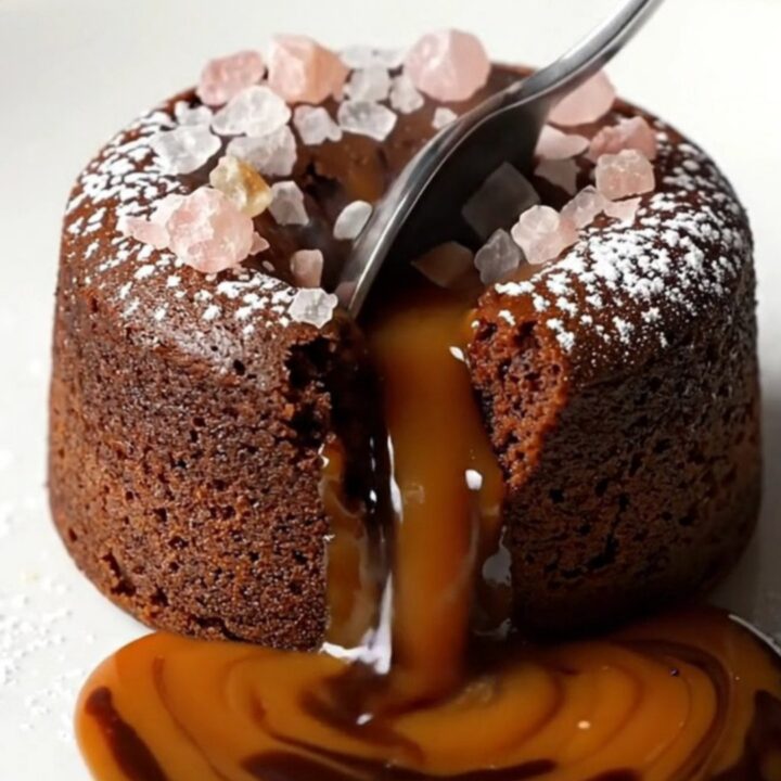 Molten salted caramel dark chocolate fondant cake with powdered sugar and flaky sea salt