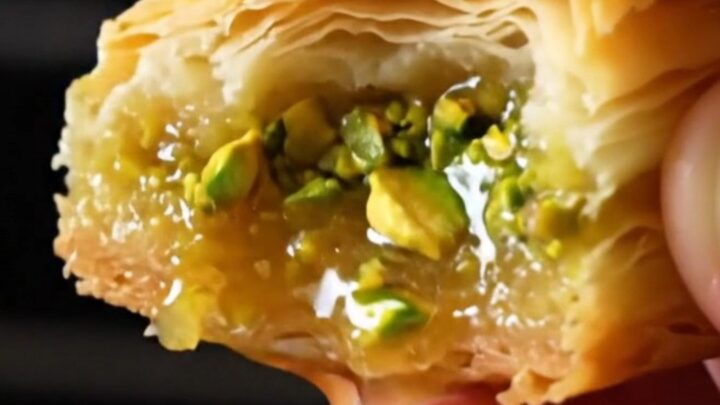 Golden diamond of Antep baklava with emerald pistachios and syrup glistening on a plate