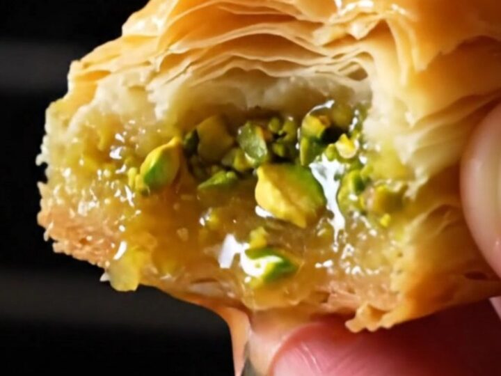Golden diamond of Antep baklava with emerald pistachios and syrup glistening on a plate