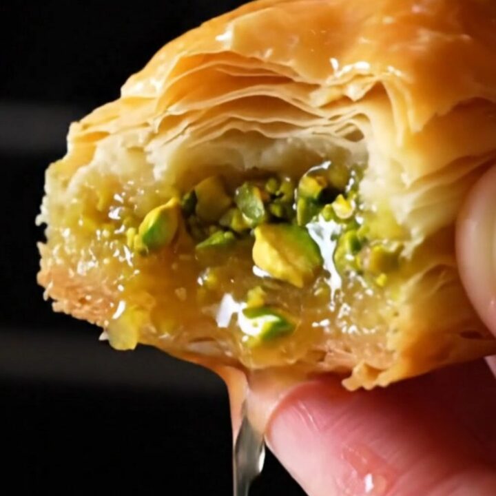 Golden diamond of Antep baklava with emerald pistachios and syrup glistening on a plate