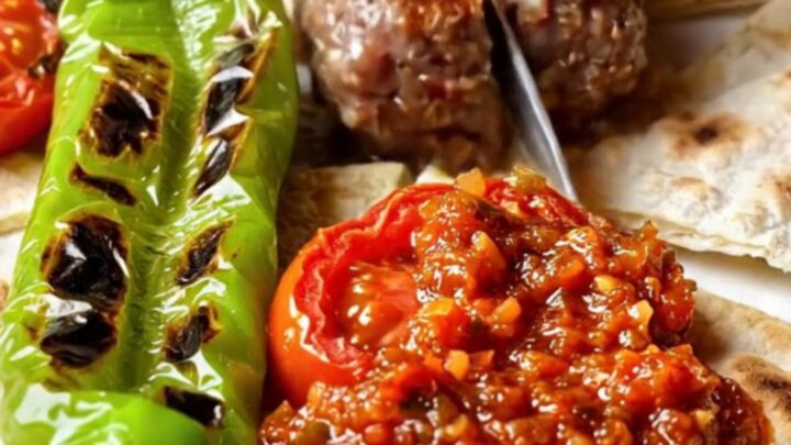 Turkish İnegöl köfte on a grill pan with charred peppers and tomatoes