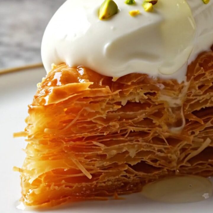 Golden twisted Burma Kadayıf with pistachios and kaymak on a plate