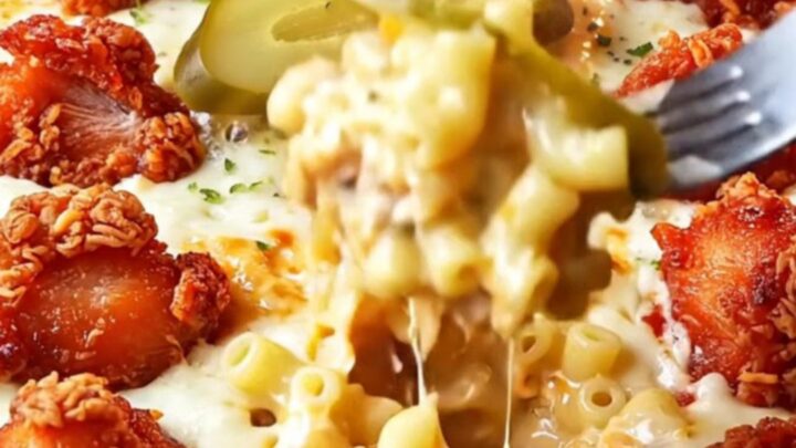 Loaded Nashville hot fried chicken mac and cheese skillet with crispy glazed chicken and pickles on top