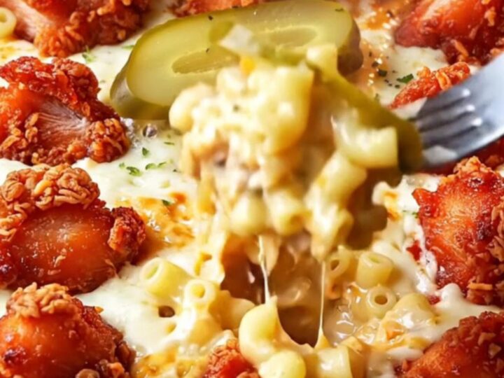 Loaded Nashville hot fried chicken mac and cheese skillet with crispy glazed chicken and pickles on top