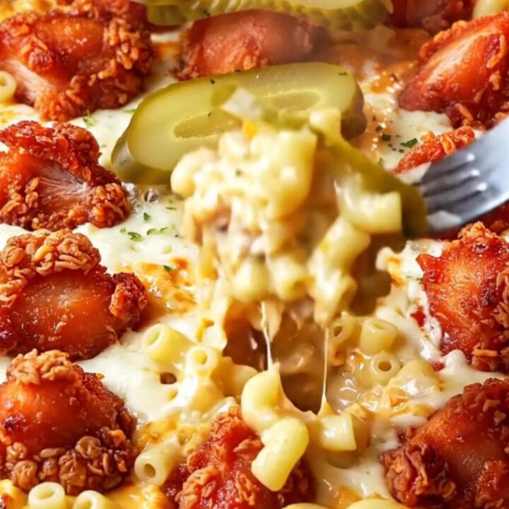Loaded Nashville hot fried chicken mac and cheese skillet with crispy glazed chicken and pickles on top