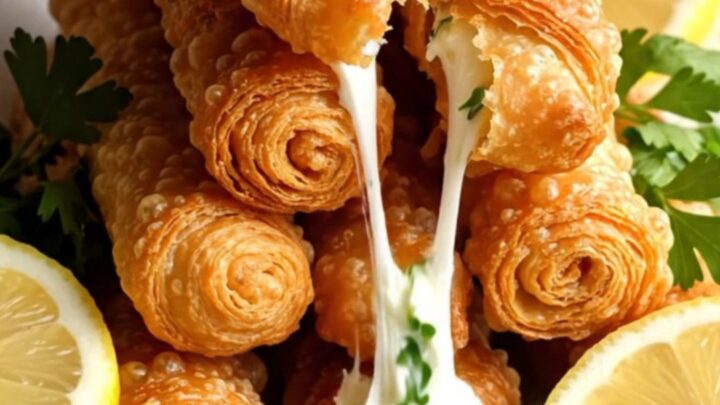 Golden crispy sigara boregi cigars stacked on a plate with lemon wedges.