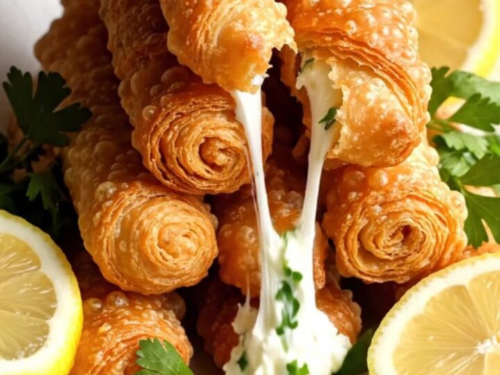 Golden crispy sigara boregi cigars stacked on a plate with lemon wedges.
