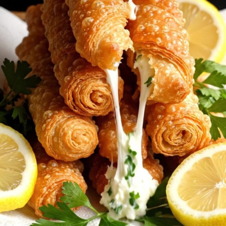 Golden crispy sigara boregi cigars stacked on a plate with lemon wedges.