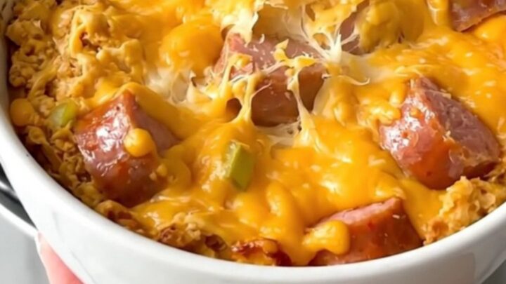 Crockpot cheesy bratwurst beer dip in a white bowl with a spoon
