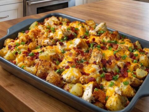Scooping a cheesy, bacon-loaded potato chicken casserole from a grey baking dish.