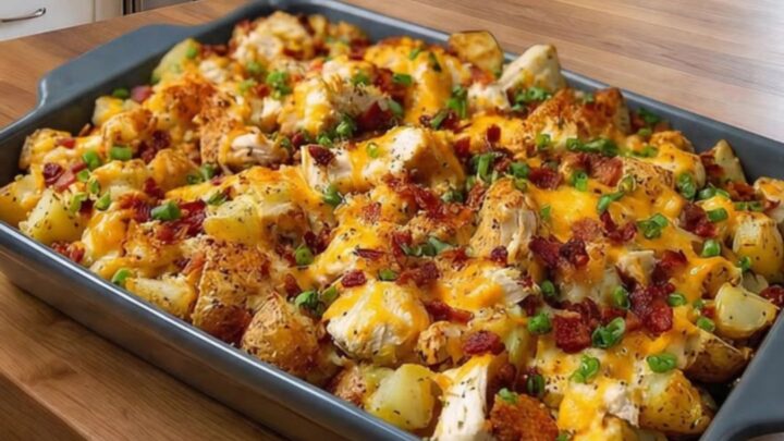 Scooping a cheesy, bacon-loaded potato chicken casserole from a grey baking dish.