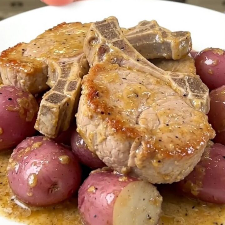 Tender pork chops and baby red potatoes in a creamy ranch sauce in a slow cooker