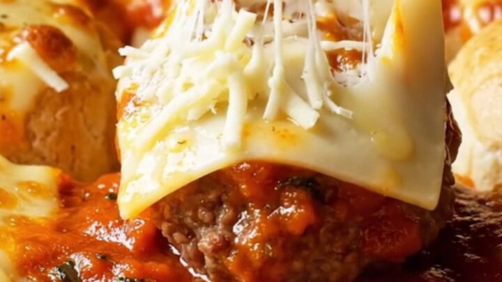 Cheesy garlic-knot meatball sliders in a baking dish with golden brioche tops and melted mozzarella.