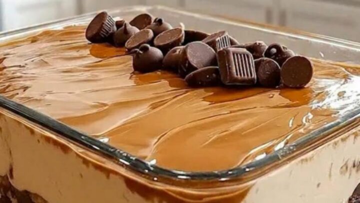 A rectangular glass dish filled with layers of chocolate crust, peanut butter mousse, and caramel