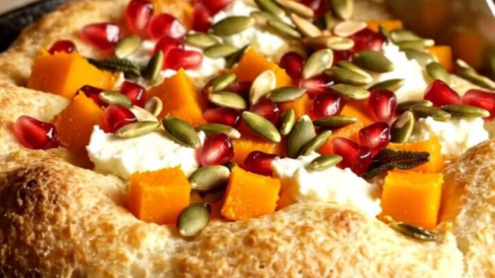 Golden focaccia topped with roasted butternut squash, crumbled goat cheese, sage leaves, pepitas, and pomegranate seeds.