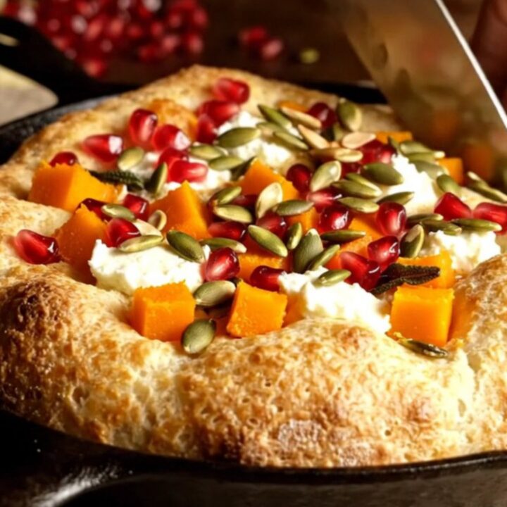 Golden focaccia topped with roasted butternut squash, crumbled goat cheese, sage leaves, pepitas, and pomegranate seeds.