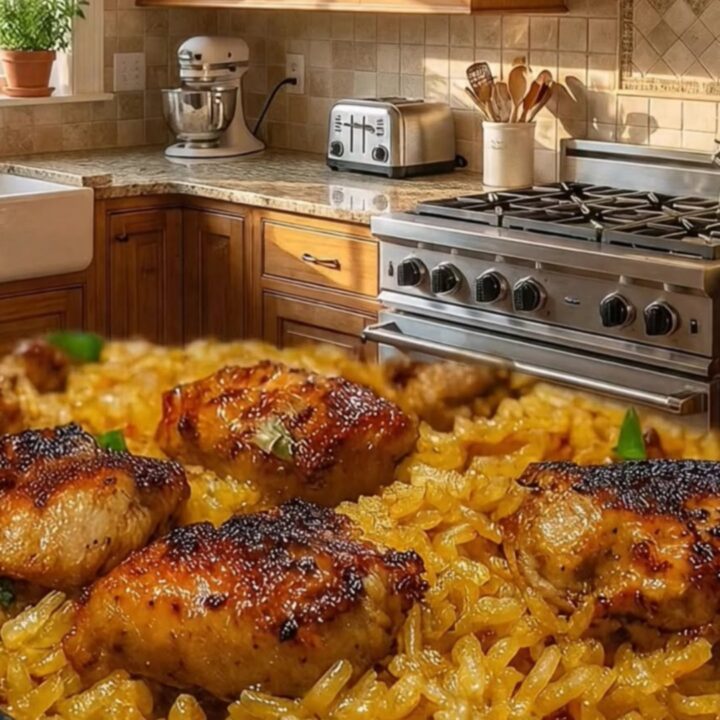 Golden roasted chicken thighs on a bed of fluffy rice in a rustic skillet