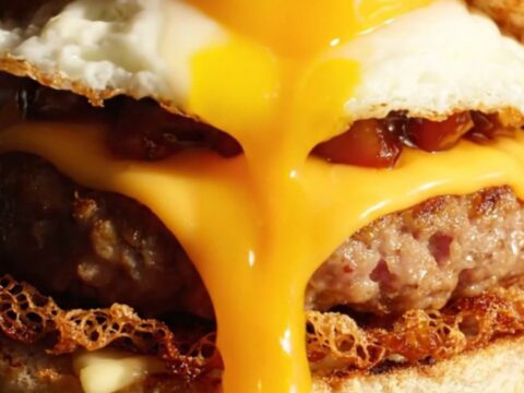A smash breakfast sausage burger with lacy edges, melted cheese, maple bacon jam