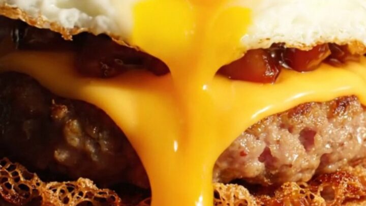 A smash breakfast sausage burger with lacy edges, melted cheese, maple bacon jam