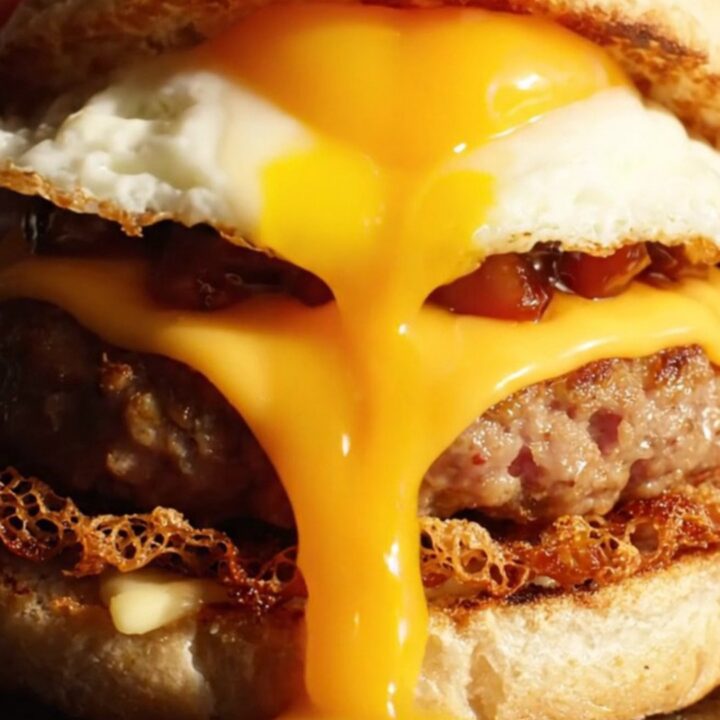 A smash breakfast sausage burger with lacy edges, melted cheese, maple bacon jam