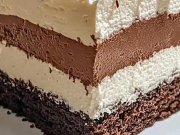 A slice of triple chocolate mousse cake with visible layers of sponge, chocolate mousse, and cream.