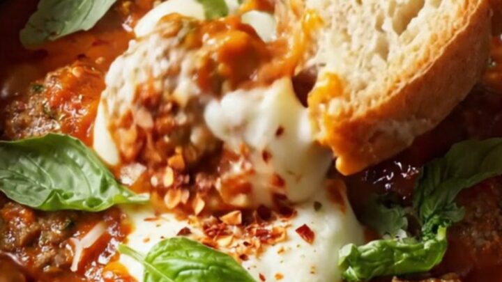 Cheesy marinara Crockpot meatballs with melted mozzarella pearls and fresh basil in a rustic red slow cooker