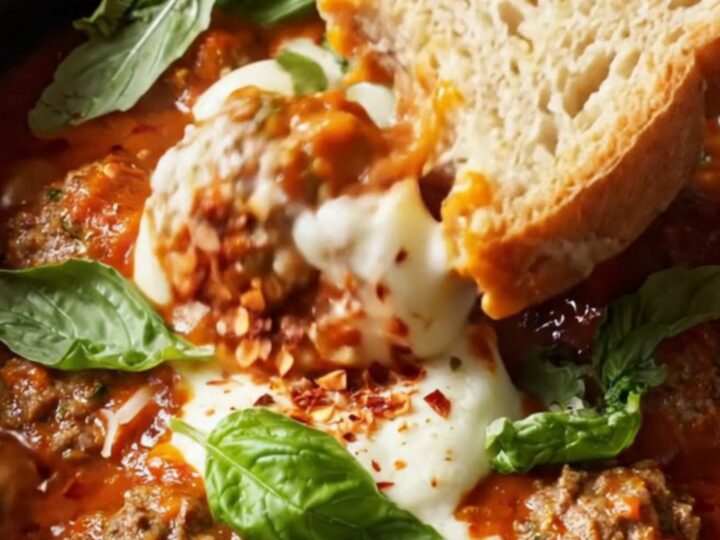 Cheesy marinara Crockpot meatballs with melted mozzarella pearls and fresh basil in a rustic red slow cooker