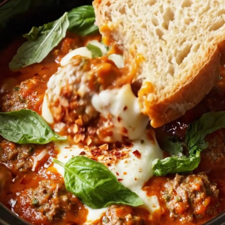 Cheesy marinara Crockpot meatballs with melted mozzarella pearls and fresh basil in a rustic red slow cooker