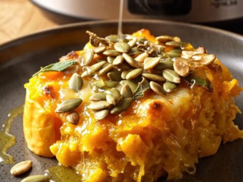 Crockpot butternut squash gratin with goat cheese, topped with pumpkin seeds, fried sage, and honey.