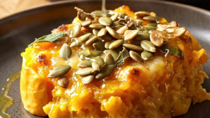 Crockpot butternut squash gratin with goat cheese, topped with pumpkin seeds, fried sage, and honey.
