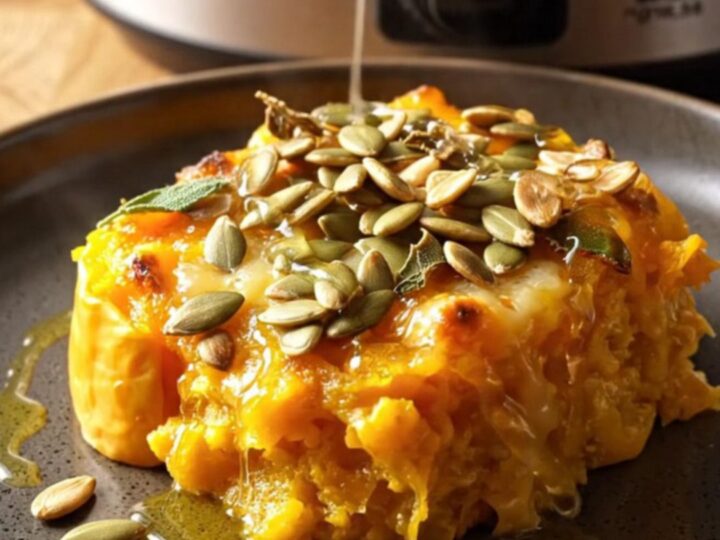 Crockpot butternut squash gratin with goat cheese, topped with pumpkin seeds, fried sage, and honey.