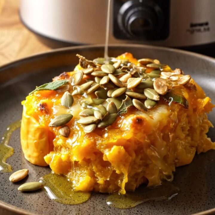 Crockpot butternut squash gratin with goat cheese, topped with pumpkin seeds, fried sage, and honey.