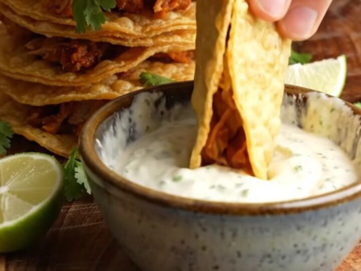 Crispy chipotle chicken mini tacos stacked on a wooden board with lime crema dip