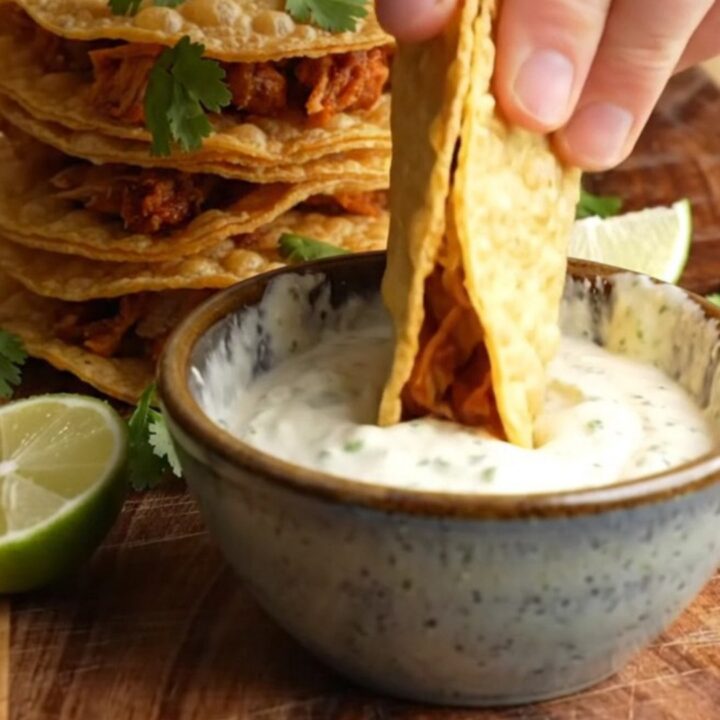 Crispy chipotle chicken mini tacos stacked on a wooden board with lime crema dip