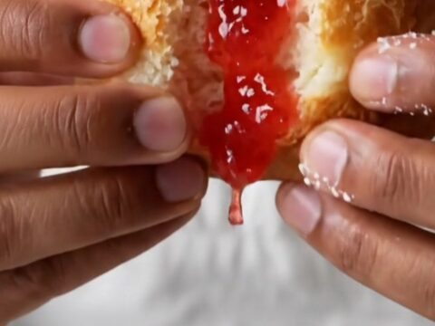Golden sugar-dusted Berliner donuts with strawberry jam oozing from the center