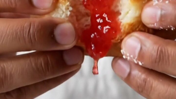 Golden sugar-dusted Berliner donuts with strawberry jam oozing from the center