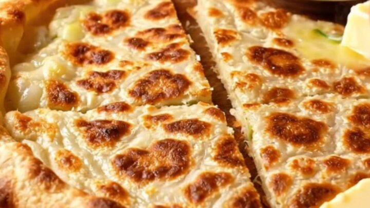 Golden brown Turkish gözleme sliced in half, showing melted cheese and scallions spilling out