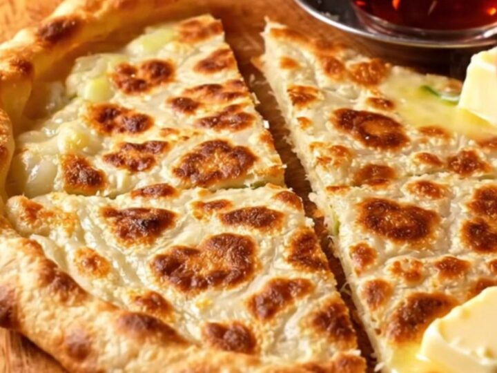 Golden brown Turkish gözleme sliced in half, showing melted cheese and scallions spilling out