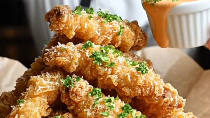 Golden crispy chicken tenders with garlic parmesan coating and a bowl of sweet chili dip