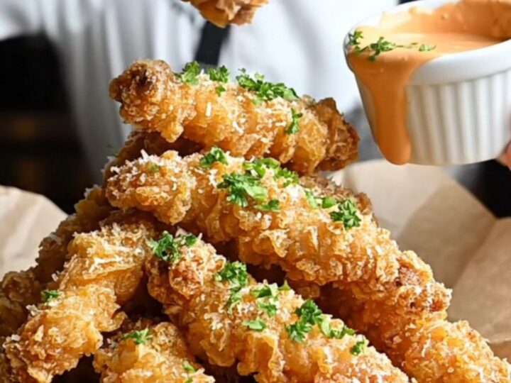 Golden crispy chicken tenders with garlic parmesan coating and a bowl of sweet chili dip