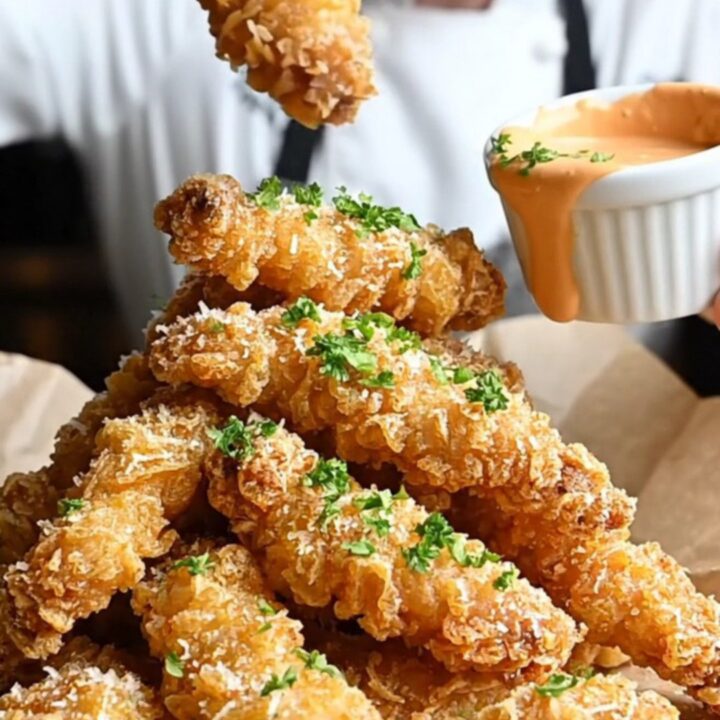 Golden crispy chicken tenders with garlic parmesan coating and a bowl of sweet chili dip