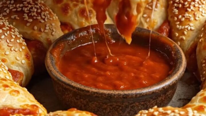 Golden crown pizza with braided crust, sesame seeds, and a bowl of marinara in the center