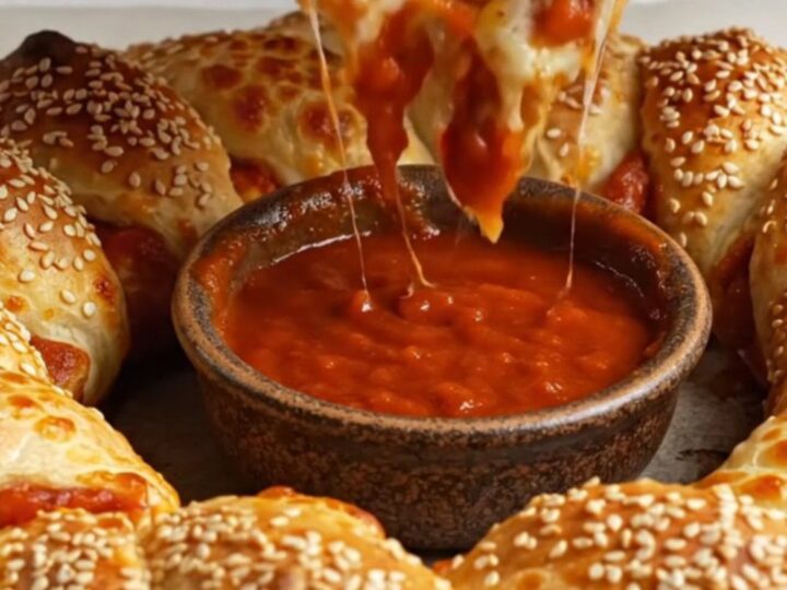 Golden crown pizza with braided crust, sesame seeds, and a bowl of marinara in the center