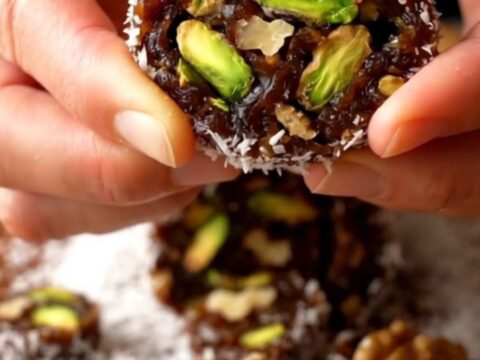 A slicing knife cutting a coconut-coated date roll, revealing green pistachios and walnut halves inside.