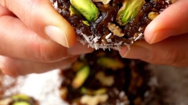 A slicing knife cutting a coconut-coated date roll, revealing green pistachios and walnut halves inside.