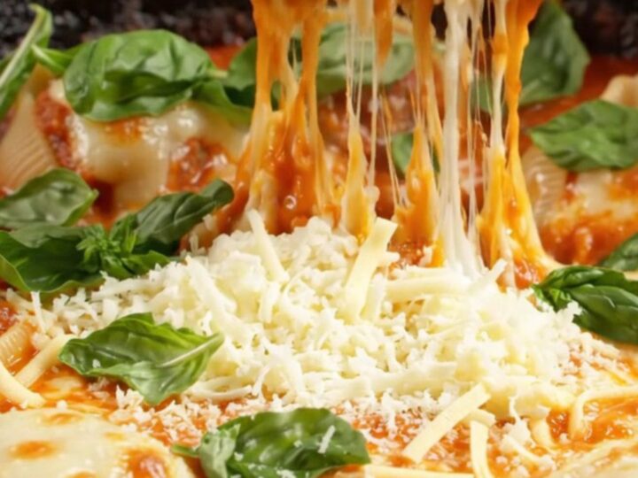 One-pan stuffed jumbo shells with meatballs in a skillet, topped with blistered mozzarella and fresh basil.