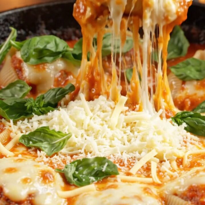 One-pan stuffed jumbo shells with meatballs in a skillet, topped with blistered mozzarella and fresh basil.
